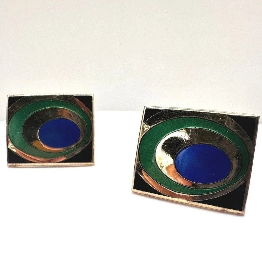 Vintage 80s Gold Tone Cufflinks Blue Green Enamel Peacock Eye Abstract Jewelry
